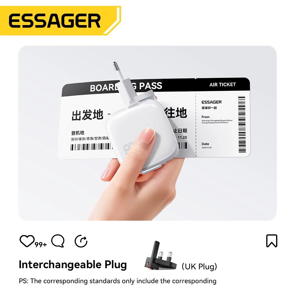 Essager ES-CD60 Chargeur Secteur GaN 65W avec Câble USB-C Rétractable - Arsenal HANTKO